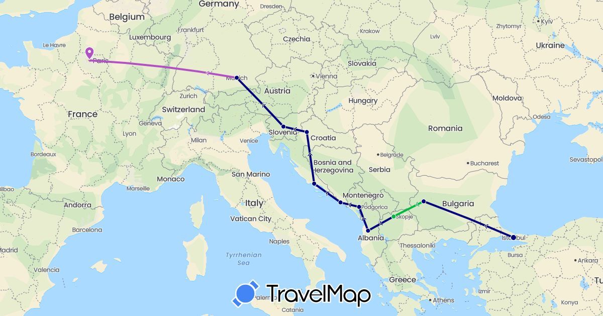 TravelMap itinerary: driving, bus, train in Albania, Bulgaria, Germany, France, Croatia, Montenegro, Macedonia, Slovenia, Turkey (Asia, Europe)